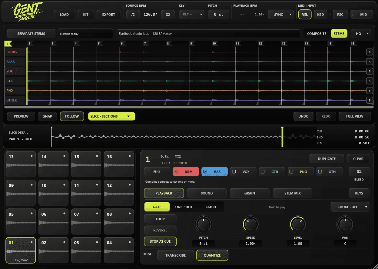 The real GentSampler interface: six stem lanes, 16 sample pads, and per-pad playback controls.